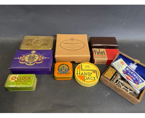 A selection of assorted tins and packaging including Cyro typewriter ribbon, a Christmas 1914 brass WWI tin, razor tins etc.