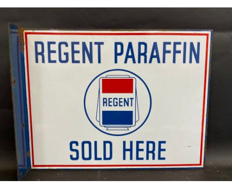 A Regent Paraffin Sold Here double sided enamel sign with hanging flange and central globe image, with suberb gloss, 18 x 14"