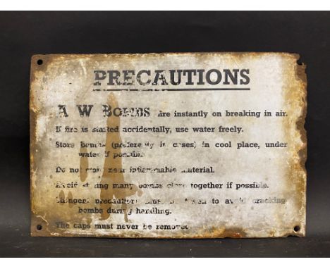 Three 'Precautions Bombs...' rectangular enamel signs, each 12 x 8".