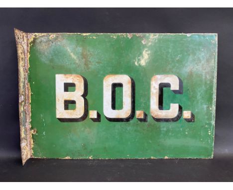 A B.O.C. (British Oil Company) double sided enamel sign with hanging flange by Falkirk Iron, patches of restoration , 24 x 16