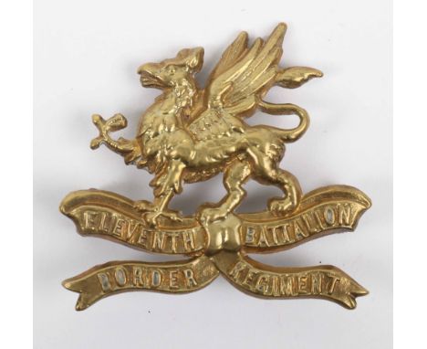 Rare 11th Battalion Border Regiment Cap Badge, brass other ranks pattern cap badge with J R GAUNT LONDON makers tablet to the