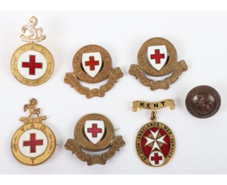 Selection of Kent VAD and Red Cross Badges, including variations of the cap badge, St Johns Ambulance War Service enamel meda