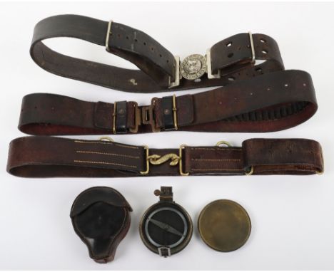 British 1914 Leather Belt, dark brown leather waist belt with two piece brass snake clasp. Stamped with a makers mark (not cl