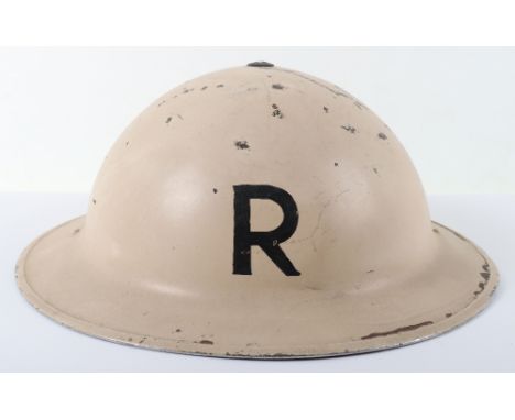 WW2 British Home Front Rescue Party Steel Helmet, white painted civil defence steel helmet with stencilled in black “R” to th