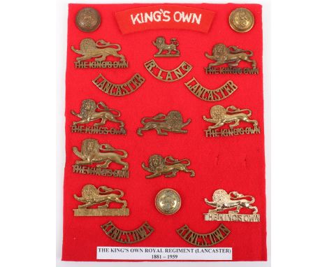 Board of Badges Relating to the Kings Own Royal Regiment (Lancaster), including variations of the regimental cap badge, early