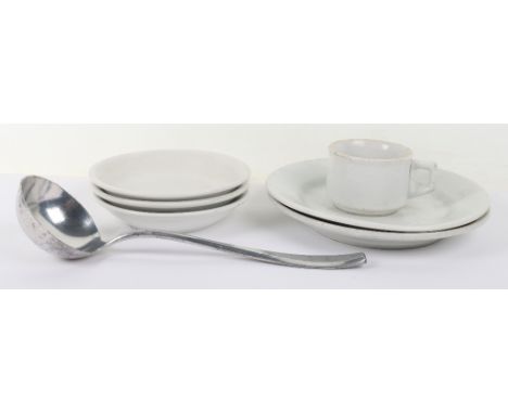 WW2 Luftwaffe Mess China, consisting of 2x small plates, 1x coffee cup, 3x small dishes and a aluminium soup ladle. All with 
