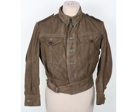 WW2 British War Economy Denim Battle Dress Blouse, a well used example of the denim pattern battle dress blouse with removabl