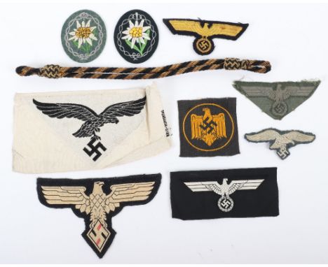 Selection of Third Reich Cloth Insignia, including Luftwaffe Sports Vest eagle, NPEA Student association sports vest eagle, u