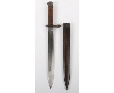 Scarce WW1 Austrian Experimental Pattern M-1985 Sawback Bayonet, two piece wooden grip, steel pommel and guard with muzzle ri