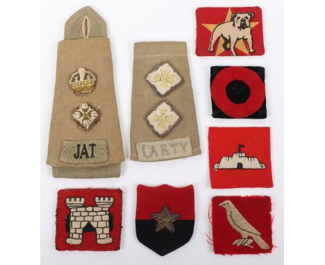 Grouping of WW2 Cloth Insignia of Indian Army Interest, consisting of tropical KD Lieutenant Colonels shoulder strap with “JA