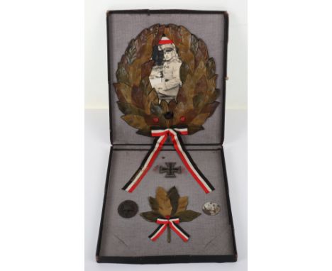 WW1 Imperial German Memorial Box Frame with Awards, superb memorial to a fallen German soldier. Black leatherette covered box