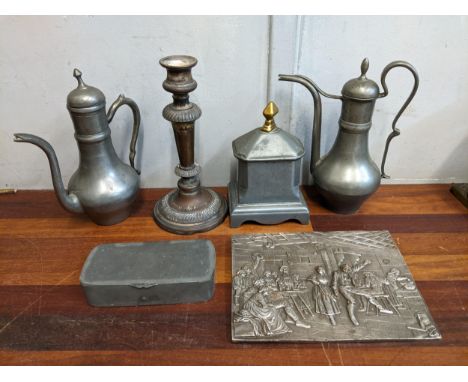 Metalware to include two Middle Eastern style coffee pots, tobacco jar, candlestick, sandwich box and a decorative plaque dep