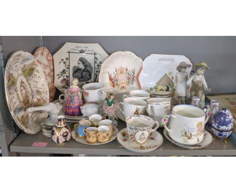 A mixed lot of china and ceramics to include commemorative ware, a Lladro model, two Nao figures and other items Location:If 
