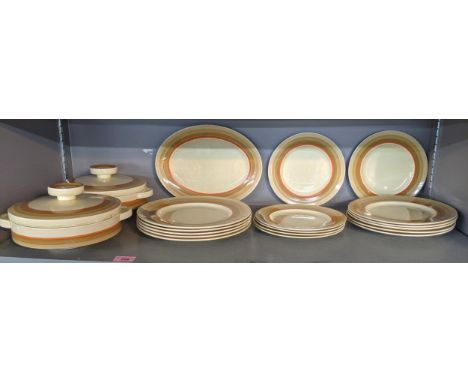 A Clarice cliff part dinner service to include dinner plates side plater, a pair of lidded tureens and other itemsLocation:If