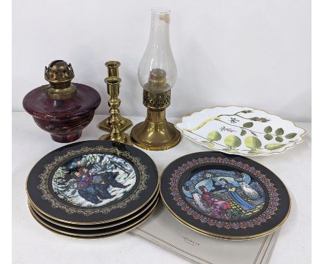 Brass framed ceiling light with ruby  cased and cut oil reservoir, pr brass candlesticks, H Ennich Ltd Ed collectors plates a
