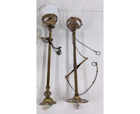 Two vintage brass converted gas lamps A/F, along with a 20th century teardrop chandelier Location:If there is no condition re