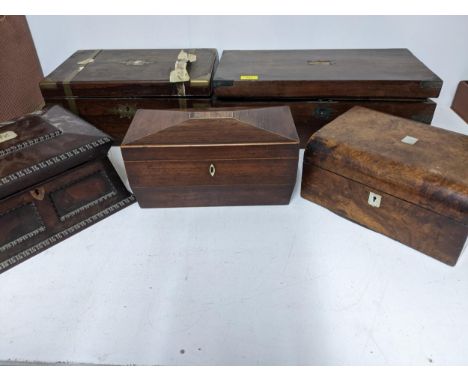 A group of five 19th century boxes to include two writing boxes with fitted interiors (A/F)a mahogany Regency sarcophagus sha