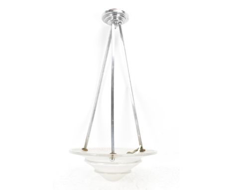 An Art Deco chrome and opaque glass centre hanging light, the shade of circular graduated form supported by three chrome arms