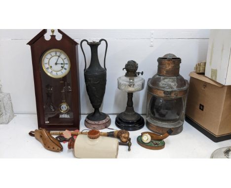 Collectables to include a Victorian cast metal lamp, an oil lamp, a ship's style lamp, a shoe tree, a hot water bottle and ot