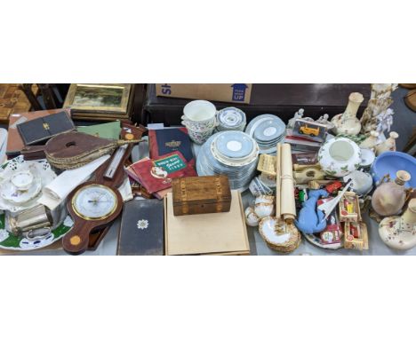 A large mixed lot to include a 19th century tea caddy, fire bellows, barometer, stamps, Wedgwood and other itemsLocation:If t