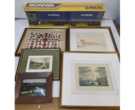 A mixed lot of mostly framed pictures to include a limited edition etching of a village scene by John S Moody, Marmalade Cat,