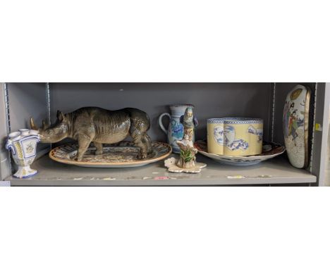 Mixed China and ceramics to include a Melba ware rhinoceros, a pot decorated with oriental taste, an Imari charger and other 