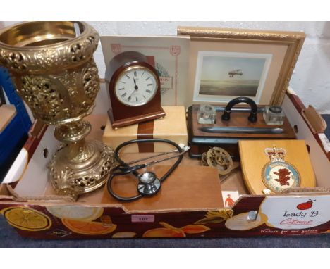 Vintage household items to include a 19th Century brass oil lamp base, a stethoscope, an RAF wall plaque, an ink well, treen 