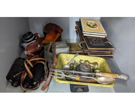 Collectables to include binoculars, scales, a set of five Chinese carved panels of humidor, books and other itemsLocation:If 