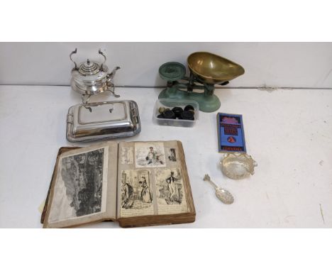 A silver plated spirit kettle A/F, an entree dish, a Victorian scrap book, a map, scales and weights and a white metal Indian