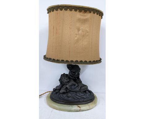 A 19th century spelter figural group table lamp of two putti mounted on marble base, 40.5cm h including shadeLocation:If ther