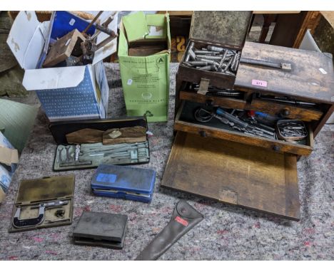 Vintage tools to include a seven-drawer wooden tool chest containing various drill bits etc, along with boxed micrometers, cu
