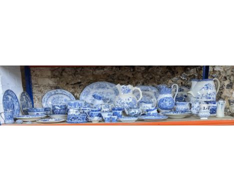 A collection of 19th and later blue and white ceramics to include Spode blue room collection jugs, Victorian wash jugs, early