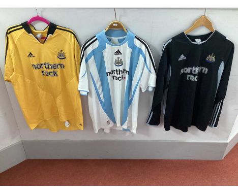 Newcastle United Adidas Away Shirts, with 'Northern Rock' logo, black 'Dyer 8', white and light blue stripe 'Milner 16'. gold