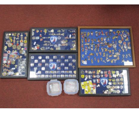Football Badges, Robertson Jam Inspired, non-league, Chesterfield, some non football, large quantity in five display cases.Th