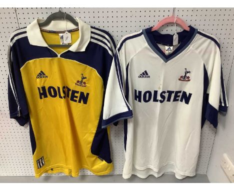 Tottenham Hotspur Adidas Home &amp; Yellow Away Shirts, both bearing 'Holsten' logo, size XL (2)Originals shirts not replica'