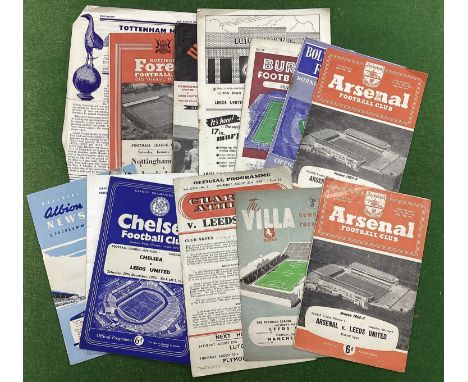 Leeds United Away Programmes 56-7 at Arsenal, Aston Villa (torn), Charlton, Chelsea, Sheffield Wednesday, West Brom, 57-8 at 