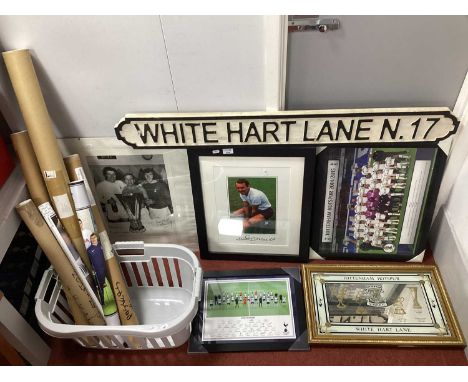 Tottenham Hotspur Wooden Street Sign, posters, mirror, Jimmy Greaves and Pat Jennings signed prints