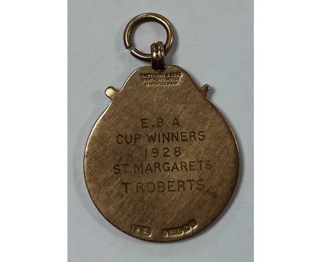 Medal - English Baseball Association, 1928 E.B.A Cup Winners to 'T. Roberts, St. Margarets', in 9ct gold and enamel by Fattor