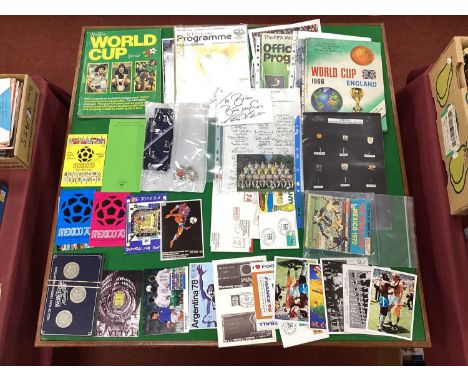 1970 and 74 World Cup First Day Covers, 1998 enclosure pass and two menus. Mexico 70 tie, six World Cup enamel stick pins, 82