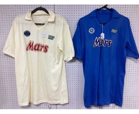 Napoli Fan Replica 1980's Maradona Football Shirts by,'NR' blue home and white away both numbered '10' (2).