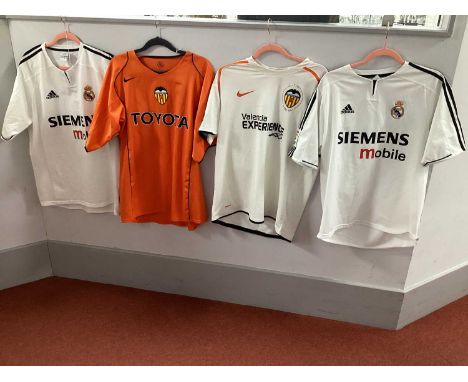 Spanish Football Shirts, Real Madrid Adidas Homes x 2 with Siemens logo sizes M &amp; L. Valencia Nike Home and Away, both si