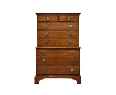 An American James River Collection walnut effect tall boy, late 20th century, the upper section with two short and three long