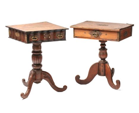 A 19th-century Dutch colonial, Sri Lankan, ebony and teakwood square-topped pedestal table, with applied brass fretworked dec