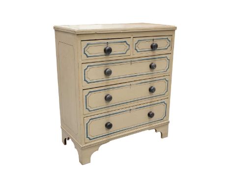 A late Victorian-painted pine chest of drawers with faux inlaid decoration fitted two short over three long drawers and suppo