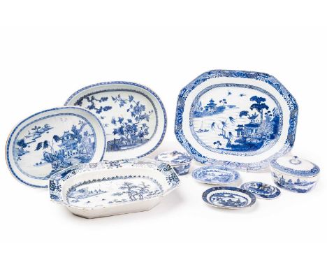 A group of Chinese blue &amp; white export porcelain, all with landscape decoration, comprising two oval shallow dishes, 32.7