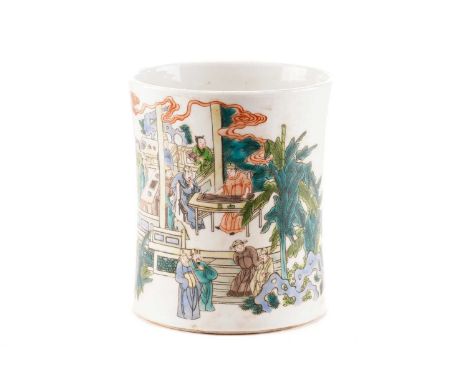 A Chinese porcelain famille verte bitong, of waisted cylindrical form,painted with numerous scholars playing Go, the Qin and 