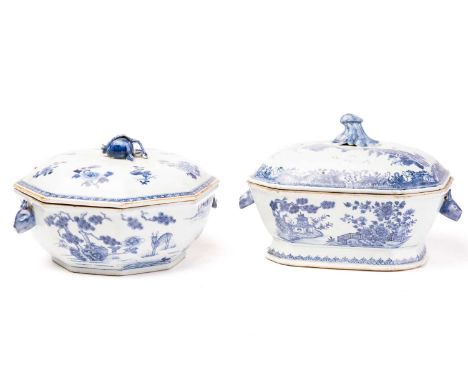 A Chinese porcelain export blue &amp; white tureen &amp; cover, Qing, 18th century, the domed cover with applied scroll handl