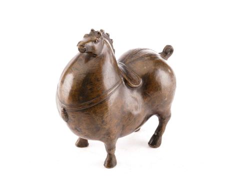 A Chinese tang dynasty style bronze obese horse, with dressed mane and tail, 15.5cm wide, 16.5cm highNo obvious faults.