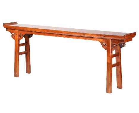 A Chinese elm altar table with everted ends, scroll frieze and simple square supports. 229 cm wide x 32 cm deep x 88 cm