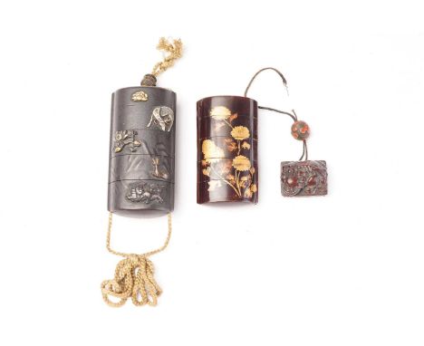 A Japanese four-case lacquer inro, Meiji period, late 19th century, with simulated oxidized iron finish and applied mixed met